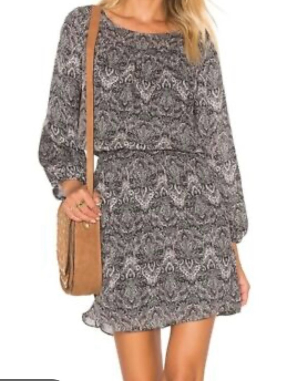 Joie Silk Paisley Print Drop Waist Long Sleeve Mini Dress Black White S
